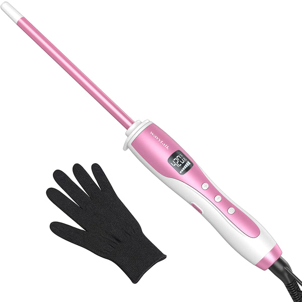 Wavytalk 3/8 Inch Small Curling Wand, Wand Iron for Short & Long Hair, Ceramic Barrel with Adjustable Temperature, Include Heat Resistant Glove (Pink) 3/8 Inch No Clip (White&Pink)