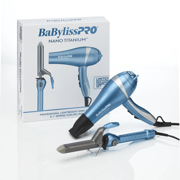 BaBylissPRO Hair Dryer, Nano Titanium 2000-Watt Blow Dryer, Professional/Ionic Blue Hair Dryer/Curling Iron Prepack